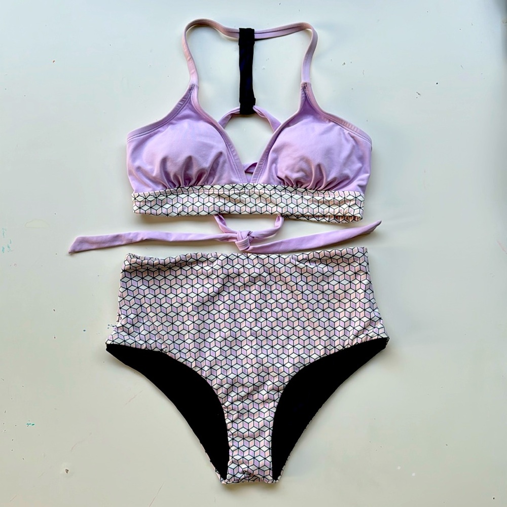 Carve Designs Lavender & Black Geometric High-Waist Bikini